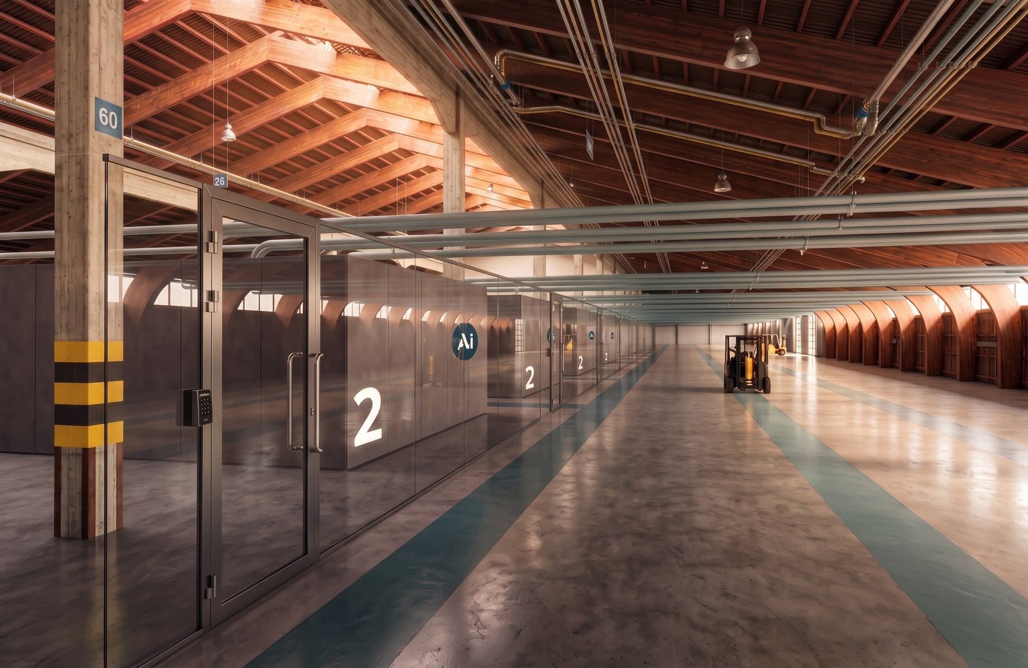 Design study of the Jämsä campus: a hall with a timber roof and glazed rooms for the supercomputers along a wide aisle.