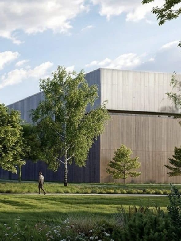 The supercomputer building at Bosquel, clad in timber and metal, behind birch trees.