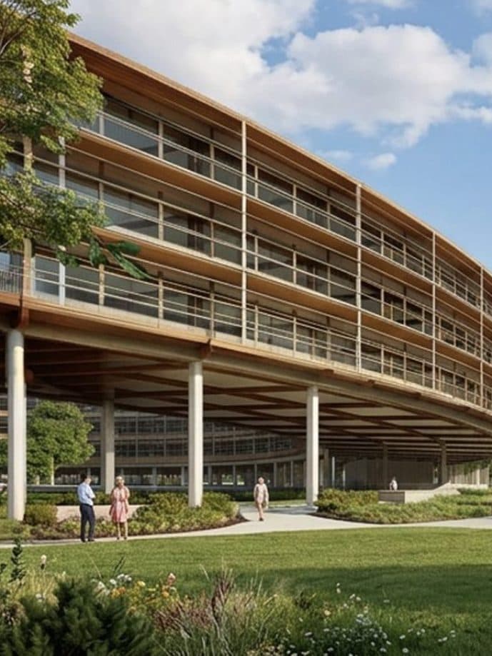 The curved living building at Bosquel, with timber balconies.