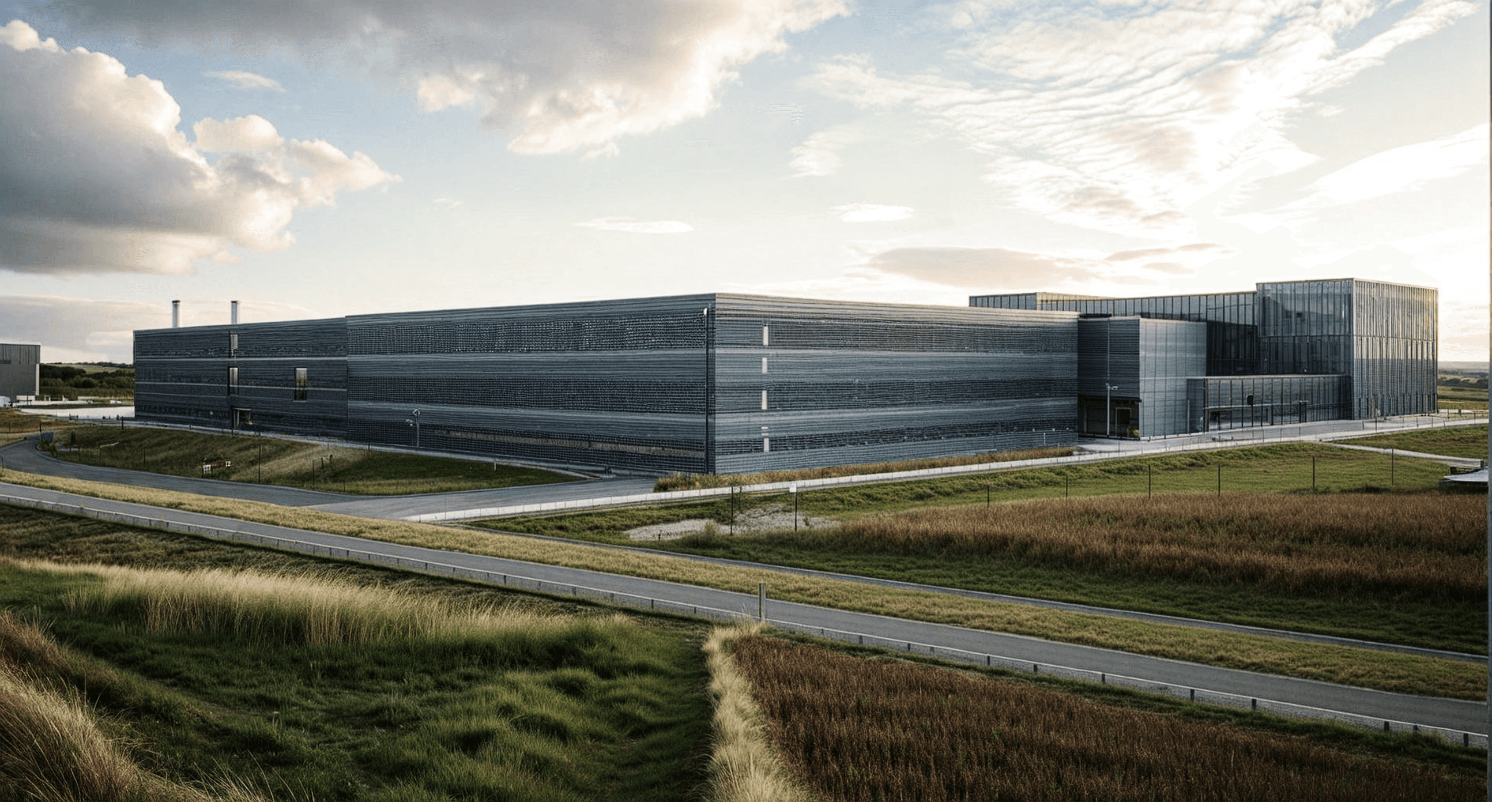 Design study of the Valence campus: long clad buildings and a glazed entrance among grassland.